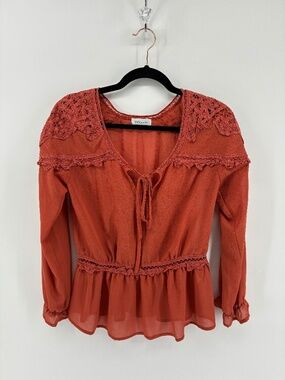 Rusty Brownish Ruffled Peplum Blouse with Bishop Sleeves
